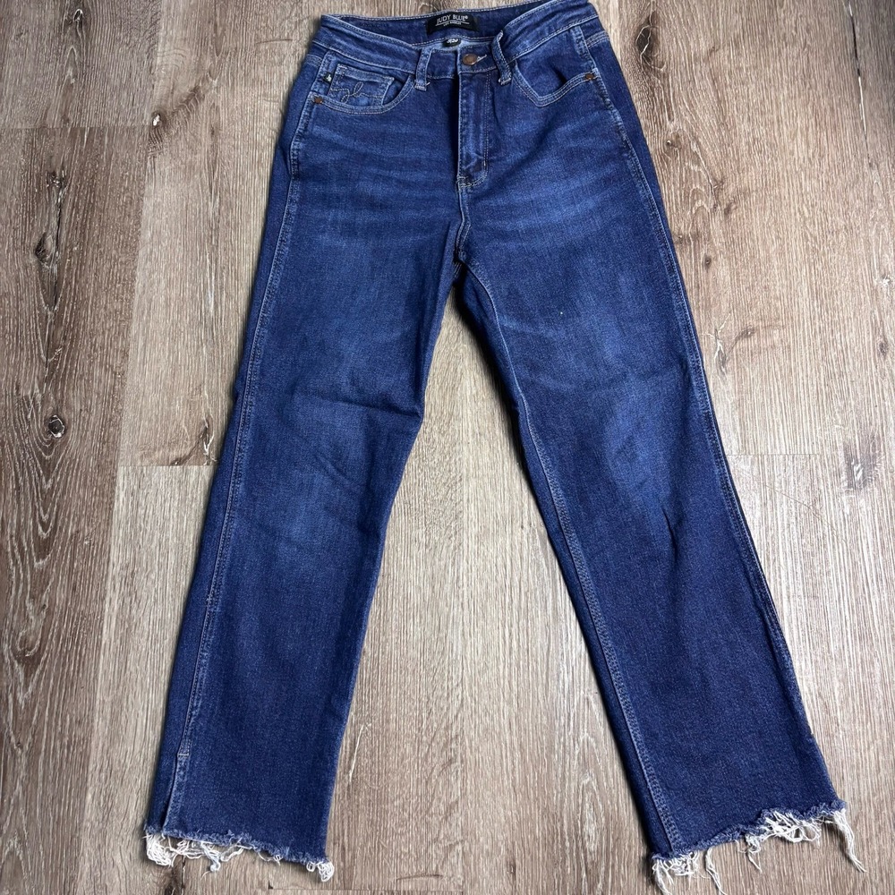 Judy Blue Cropped Straight Jeans Womens 3/26 Dark Wash Raw Hem JB88375